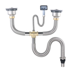 Bộ Xi Phông Đôi Inox 201, Tê Đồng, Lắp Chậu Rửa Bát 2 Hố, Ống Thoái Chun Chất Liệu Inox Bền, Thoát Nước Nhanh, Chống Hôi, Dài 60p