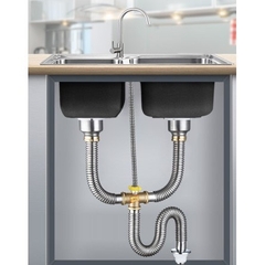 Bộ Xi Phông Đôi Inox 201, Tê Đồng, Lắp Chậu Rửa Bát 2 Hố, Ống Thoái Chun Chất Liệu Inox Bền, Thoát Nước Nhanh, Chống Hôi, Dài 60p