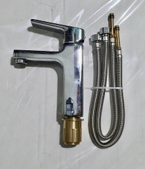 Vòi Chậu Nóng Lạnh 1 Lỗ, Kèm 2 Dây Cấp, Thân Vuông Cao, Chất Liệu Đồng Mạ Crom