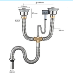 (Loai1) Bộ Xi Phông Đôi Inox 304, Tê Đồng, Lắp Chậu Rửa Bát 2 Hố, Ống Thoái Chun Chất Liệu Inox 304 Bền, Thoát Nước Nhanh, Chống Hôi