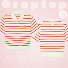 Áo Croptop MLB Korea Women's Varsity Striped Collar New York Yankees Cream