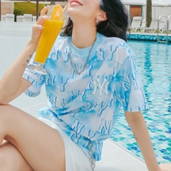 Áo Thun MLB Water Monogram Overfit New York Yankees Aqua Blue