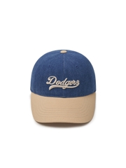 Nón MLB Korea Culsive Lettering Denim Color Block Unstructured Ball Cap LA Dodgers Indigo