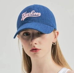 Nón MLB Korea Varsity Culsive Lettering Denim Unstructured Ball Cap New York Yankees Indigo
