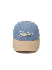 Nón MLB Korea Culsive Lettering Denim Color Block Unstructured Ball Cap New York Yankees Blue