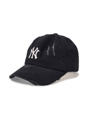 Nón MLB Korea Damaged Washed Denim Unstructured Ball Cap New York Yankees Black