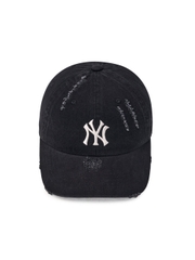 Nón MLB Korea Damaged Washed Denim Unstructured Ball Cap New York Yankees Black
