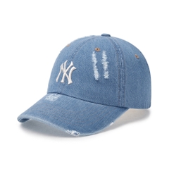 Nón MLB Korea Damaged Washed Denim Unstructured Ball Cap New York Yankees Blue