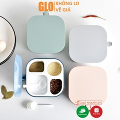Hộp Đựng Gia Vị 4 Ngăn 14x16x8cm Có Nắp Đậy Kèm Thìa, Phụ Kiện Xinh Xắn Cho Nhà Bếp Gọn Gàng