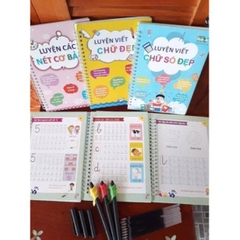Combo 3 Quyển Luyện Tập Viết Chữ Số Đẹp, Luyện Nét Cơ Bản Kèm 2 Bút Mực Thần Kỳ 8 Ngòi