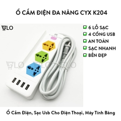Ổ CẮM ĐIỆN CYX K204 Có 4 Cổng USB Sạc Đa Năng, 3 Ổ Cắm 3 Chấu, Dây Dài 3M Công Suất 2500W, Có Khe Gác Điện Thoại