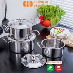 Combo 3 Nồi Inox 304 Có Nắp Và Tay Cầm Kích Thước 16-18-20cm GloShop