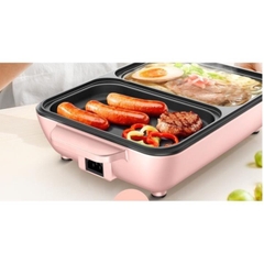 Bếp Điện Mini 2 Ngăn, Nồi Lẩu Nướng, Đế Chống Dính, Công Dụng 5 Trong 1