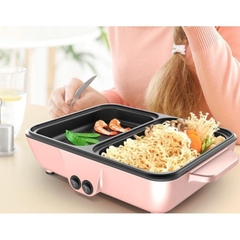 Bếp Điện Mini 2 Ngăn, Nồi Lẩu Nướng, Đế Chống Dính, Công Dụng 5 Trong 1
