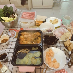 Bếp Điện Mini 2 Ngăn, Nồi Lẩu Nướng, Đế Chống Dính, Công Dụng 5 Trong 1