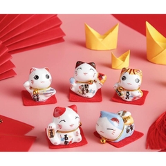 Bộ Tượng Sứ 5 Chú Mèo Thần Tài Nhật Bản Maneki Neko Mini May Mắn