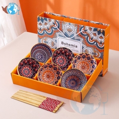 Bộ 6 Chén Kiểu Hoa Văn Cao Cấp Bohemia Và 6 Đôi Đũa Kèm Hộp Làm Quà Tặng Sang Trọng