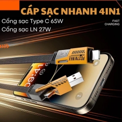 Dây Cáp Sạc Nhanh 4 In 1 Công Suất 65W PD27W Thiết Kế Tích Hợp Nhiều Cổng Sạc Tương Thích Nhiều Dòng Máy