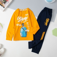 Bộ cotton thu đông bé trai in hình cậu bé  size đại 10/16T