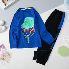 Bộ cotton thu đông Bé trai in mũ quần phối size 10/16T