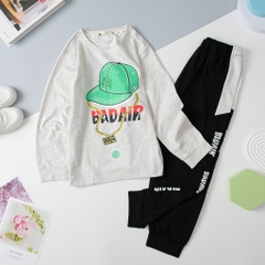 Bộ cotton thu đông Bé trai in mũ quần phối size 10/16T