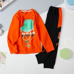Bộ cotton thu đông Bé trai in mũ quần phối size 10/16T