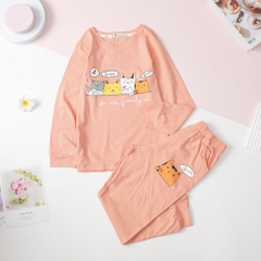Bộ cotton thu đông Bé gái 2 chiều in mèo size đại 10/16T