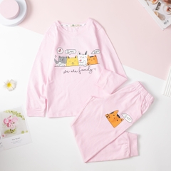 Bộ cotton thu đông Bé gái 2 chiều in mèo size đại 10/16T