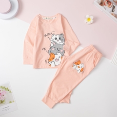 Bộ cotton thu đông Bé gái in mèo WOW 2/8 Tuổi