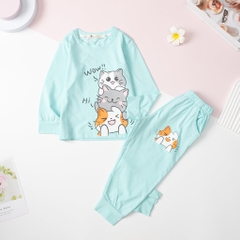 Bộ cotton thu đông Bé gái in mèo WOW 2/8 Tuổi