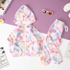 Bộ nỉ bông Bé gái màu loang tai thỏ size 3/10 tuổi