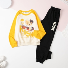Bộ nỉ da cá in gấu tay ráp lăng size đại 10/16 tuổi