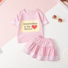 Bộ mùa hè cotton in chữ Amsterdam kèm chân váy Love size nhí 2/7 tuổi