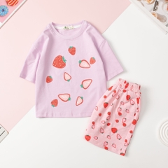 Bộ cotton Bé gái ngắn tay hình dâu tây, kem, Mickey size 2/10 Tuổi