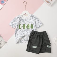 Bộ cotton Bé trai ngắn tay in chữ CHAO size 13/17T