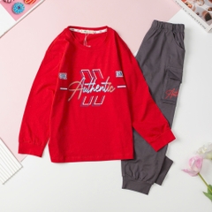 Bộ cotton thu đông Bé trai in chữ Authentic size đại 8/16T