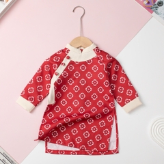 Áo dài nhung bé trai cúc lệch vai size 1/7 tuổi