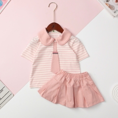 Bộ cotton Bé gái áo kẻ cà vạt, kèm chân váy size 2/12 tuổi