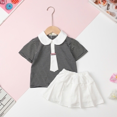 Bộ cotton Bé gái áo kẻ cà vạt, kèm chân váy size 2/12 tuổi