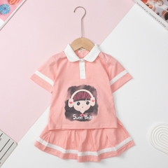 Bộ áo phông cổ bẻ kèm chân váy hình cô gái, capybara size 2/12 tuổi