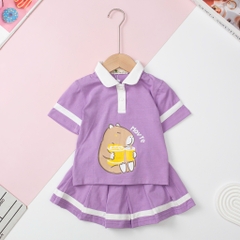 Bộ áo phông cổ bẻ kèm chân váy hình cô gái, capybara size 2/12 tuổi