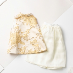 Bộ thời trang trẻ em - F01 size 2/10T, Set áo yếm gấm đuôi xòe phồng kèm chân váy lụa mềm