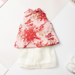 Bộ thời trang trẻ em - F01 size 2/10T, Set áo yếm gấm đuôi xòe phồng kèm chân váy lụa mềm