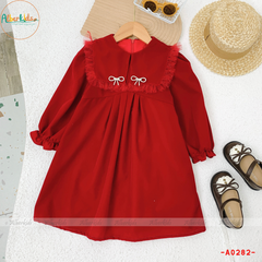 Váy bé gái dài tay Nhung phối lưới ren vuông cài nơ A0282
