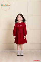 Váy bé gái dài tay Nhung phối lưới ren vuông cài nơ A0282