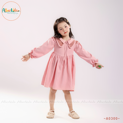 Váy bé gái hồng cổ sen cách điệu dài tay A0300