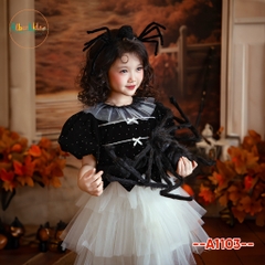 Váy BG halloween đen đính đá phối lưới trắng A1103