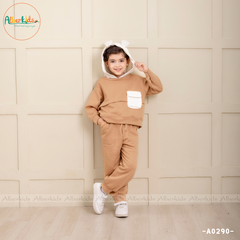 Bộ đồ nỉ bé trai 2 màu sắc phối túi mũ trắng kem A0290