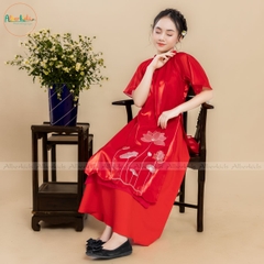 Áo dài thêu hoa sen 2 màu sắc đỏ vàng AD02