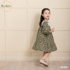 Váy bé gái dài tay Xanh hoa nhí cào bông phối ren cổ vuông A0281